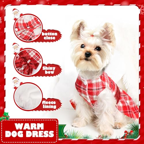 Dog Sweater Dress,Red Plaid Dog Dress Winter Clothes for Small Dogs Girl Fancy Sequin Puppy Fleece Lining Sweater Pet Coat Cat Apparel, XXS - color: Plaid Red, size: XX-Small (Chest 11.8 in)