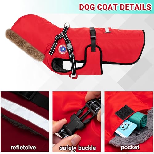 PAWNISAW Dog Winter Coat with Harness Built in, Warm Thick Plush Hooded Dog Snow Jacket for Cold Weather, Windproof Reflective Pet Clothes Outfit for Small, Medium, Large, XL & XXL Dogs Outdoor - color: Red