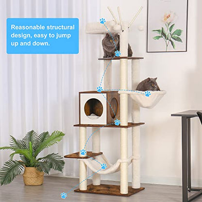 Hey-brother Wooden Cat Tree, 66.1“ Cat Furniture with Scratching Posts, Modern Cat Tower with hammocks, Toys, cat condo, Rustic Brown MPJ120SR - color: Rustic Brown