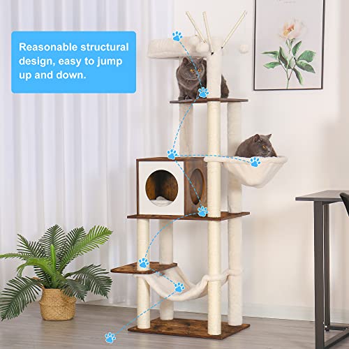 Hey-brother Wooden Cat Tree, 66.1“ Cat Furniture with Scratching Posts, Modern Cat Tower with hammocks, Toys, cat condo, Rustic Brown MPJ120SR - color: Rustic Brown
