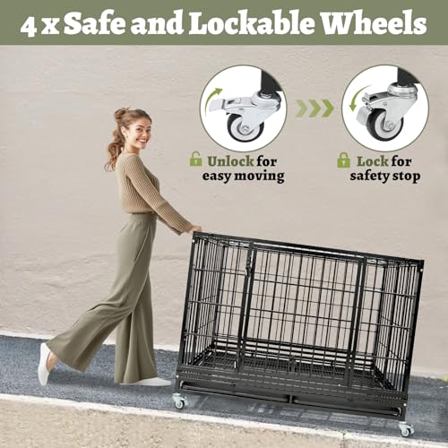 47 Inch Heavy Duty Dog Crate for Large Dogs, Two Tiers Chew-Proof Drop Cage for Dog with 4 Lockable Wheels, Escape Proof Auto-Lock & Buckle, Double-Access Wide Door Dog Kennel Indoor - size: 47.0"L x 29.0"W x 67.0"H