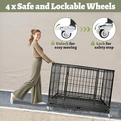 4 Pack Two Tiers 47 Inch Heavy Duty Dog Crate for Large Dogs, Stackable Chew-Proof Drop Cage for Dog with 4 Lockable Wheels, Escape Proof Auto-Lock & Buckle, Double-Access Wide Door Dog Kennel Indoor - size: 47 Inch-8 Pack