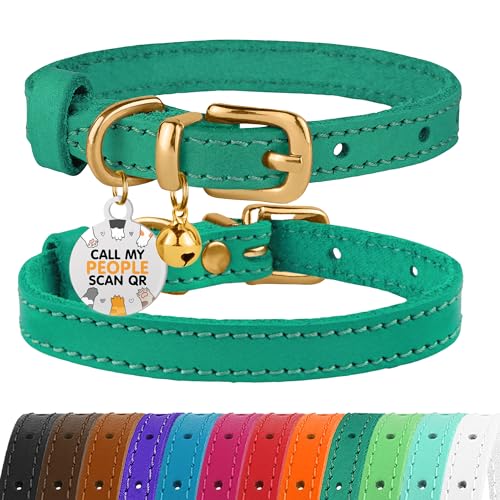Leather Cat Collar with Removable Bells Non Breakaway Kitten QR Tag for Girl Boy (7" - 9" for Cats, Green & Gold) - color: Green & Gold, size: 7 - 9 inch