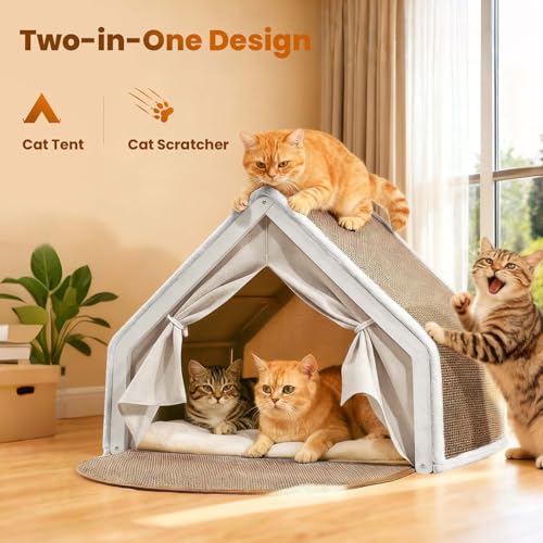Cat Houses for Indoor Cats - 4 Seasons Cat Bed Cave with Natural Sisal Cat Scratcher Mat, Solid Wood Frame Cat House with Curtains and Cat Floor Scratching Pad Rug, Protect Couch and Carpets, S