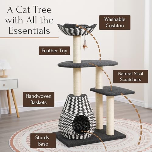 PetPals Ace 4-Level Multi-Activity Cat Tree with Handwoven Recycled Paper Rope Condo and Top Nest Bed, Replaceable Sisal Scratching Posts, Feather Teaser Toy, Black & White - color: Black and white