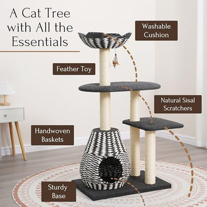 PetPals Ace 4-Level Multi-Activity Cat Tree with Handwoven Recycled Paper Rope Condo and Top Nest Bed, Replaceable Sisal Scratching Posts, Feather Teaser Toy, Black & White - color: Black and white