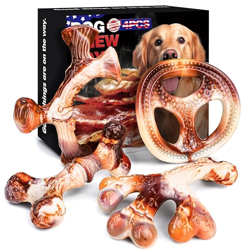 4-Pack Dog Chew Toys for Aggressive Chewers, Indestructible Nylon Bones with Bacon Flavor, Tough Durable Teeth Cleaning Chew Dog Toy for Large Medium Small Breeds - size: Medium