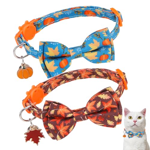 Breakaway Cat Collar Thanksgiving 2 Pack - Fall Pumpkin & Turkey Bow Tie with Bell, Safe Adjustable Kitten Collars for Holiday, Fits Cats and Small Puppies - color: Maple Leaf