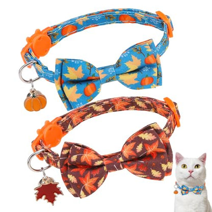 Breakaway Cat Collar Thanksgiving 2 Pack - Fall Pumpkin & Turkey Bow Tie with Bell, Safe Adjustable Kitten Collars for Holiday, Fits Cats and Small Puppies - color: Maple Leaf