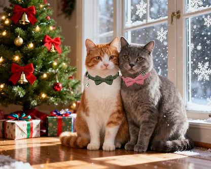 Cat Collar Breakaway Bowtie Safety with Bell Adjustbale Kitten Puppy Solid Plaid Color Set P-[2pcs] Xmas Green & Red - color: P-[2pcs] Xmas Green & Red