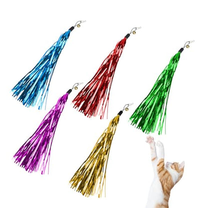 BOROLA 5PCS Cat Teaser Stick Replacement Head Colorful Crinkle Paper & Bells, Attractive Interactive Cat Wand Toy Refills, Crinkle Feather Toys for Kittens and Adult Cats(5 Color)