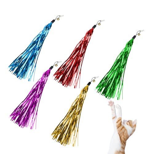 BOROLA 5PCS Cat Teaser Stick Replacement Head Colorful Crinkle Paper & Bells, Attractive Interactive Cat Wand Toy Refills, Crinkle Feather Toys for Kittens and Adult Cats(5 Color)