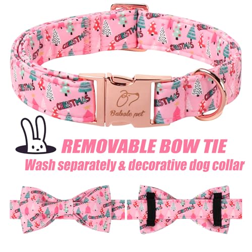 Christmas Dog Collar with Bow Tie - Cute Pink Tree Pattern Christmas Puppy Collar, Adjustable Metal Buckle Winter Bowtie Dog Collars for Small Medium Large Dogs XS - color: B-Pink Christmas Tree, size: XS