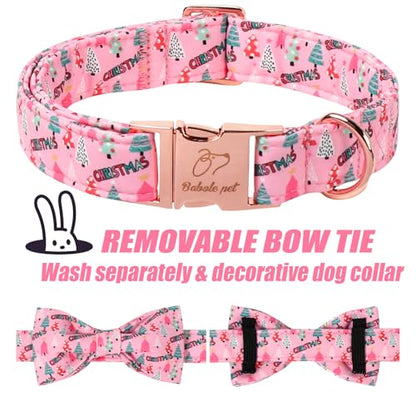 Christmas Dog Collar with Bow Tie - Cute Pink Tree Pattern Christmas Puppy Collar, Adjustable Metal Buckle Winter Bowtie Dog Collars for Small Medium Large Dogs XS - color: B-Pink Christmas Tree, size: XS