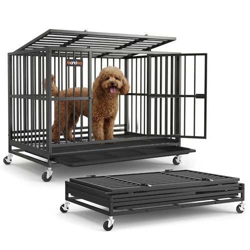 Feandrea Heavy-Duty Dog Crate, 5-Minute Quick Assembly, Foldable Dog Kennel Cage with Lockable Wheels, Double Doors, Escape Proof Fixed Bottom, Removable Tray, Easy to Clean, Ink Black, 37 Inch - size: 37.0"L x 24.0"W x 28.0"H