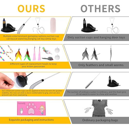4-in-1 Interactive Cat Feather Toys with Durable Retractable Fishing Pole, Enhanced Suction Cup Toy, Door Hanging Teaser Toy and 11 Attachments Replacements for Bored Indoor Adult Cats - style: 16 Wand /Suction Cup