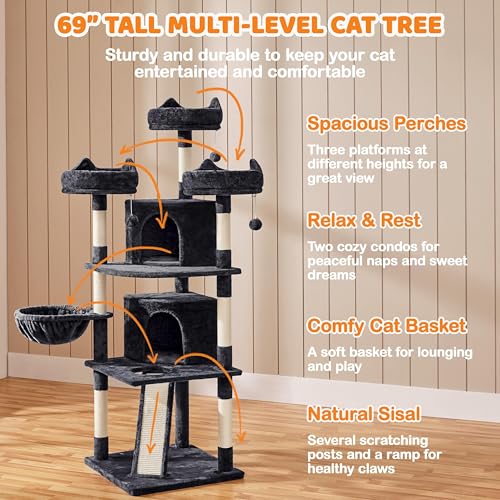 Yaheetech 68.5in Cat Tree for Large Cats, Multi-Level Cat Tower with 3 Wide Perches, Large Condo, Stable Pet Play House w/Sisal-Covered Scratching Posts & Board, Black - color: Black, size: 68.5in