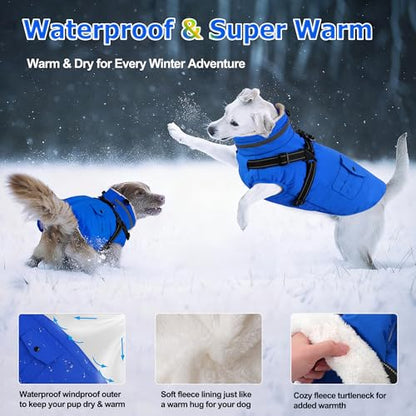 Dog Coat with Harness, Waterproof Warm Dog Winter Jacket with Pockets, Reflective Pet Fleece Jacket Turtleneck Snowsuit for Small Medium Large Dogs - Blue, L - color: Blue, size: Large(Chest:24.8" Back:16.9" Neck:17.7")
