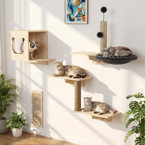 Cat Wall Shelves, Wooden Multi-Level Cat Climbing Furniture, House, Steps, Sisal Scratcher, Perches Bed & Ball, Space-Saving Wall Mounted Cats Shelves for Play & Rest - size: 4-in-1 Cat Shelves
