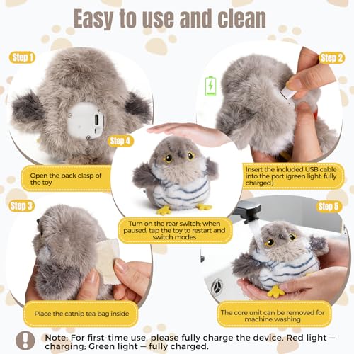 Cat Toys Flapping Bird Cuckoo, Touch Activated Interactive Cat Kicker with 3 Modes, Catnip Pouch, Type-C Rechargeable, Realistic Chirping, Self-Stop, Washable Fur Cover