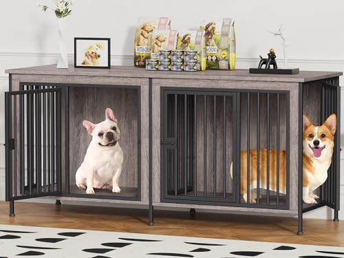 EasyCom Dog Crate Furniture for 1 or 2 Dogs, Heavy Duty Single/Double Dog Crates for Small/Medium/Large Dogs, Dog Kennel Furniture Indoor as TV Stand, Medium Size 63" L(20-35 Pounds), Oak Grey - color: Oak Grey, size: 63.0"L x 23.6"W x 27.6"H