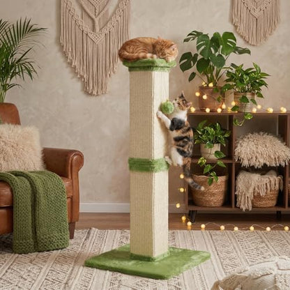 32" Tall Cat Scratching Post, Cat Scratcher with Heavy Duty Thick Wood Base, Cat Tower with Natural Sisal Rope and Hanging Ball, Plant-Like Design Scratching Post, for Small and Adult Kittens, Green - color: LIght Green