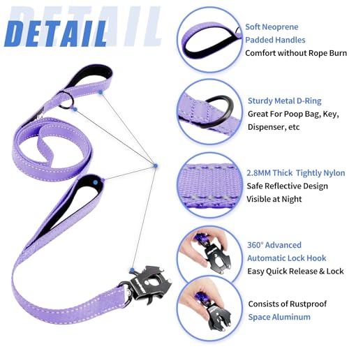 Strong Heavy Duty Dog Leash - 4ft Reflective Nylon Training Leash with Soft Padded Double Handle & Auto Lock Frog Clip, Safety Traffic Control for Large Medium Small Dogs No Pull Walk Light Purple,4ft - color: Light Purple, size: 4FT x 1" x 2.8MM