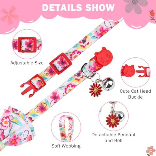 SCENEREAL Spring Cat Collar Breakaway with Bells, 2 Pack Cute Flower Pet Collar with Removable Bow Tie and Bandana, Adjustable Safety Buckle with Daisy Pendants for Girl Cats Kitten - color: Bandanas & Bow (Floral-White)