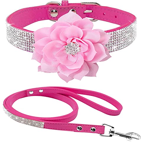 Rhinestone Bling Leather Dog Collar and Leash Set, Cute Dazzling Sparkling Soft Velvet Dog Cat Collar Crystal Diamond Puppy Collar (XS, Hot Pink) - color: Hot Pink, size: XS