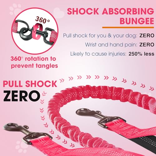 Hands Free Dog Leash with Waist Belt – No-Pull Bungee, Dual Padded Handles & Zipper Pouch for Running, Walking & Training – Adjustable Waist Leash for Large & Medium Dogs (Pink) - color: Pink