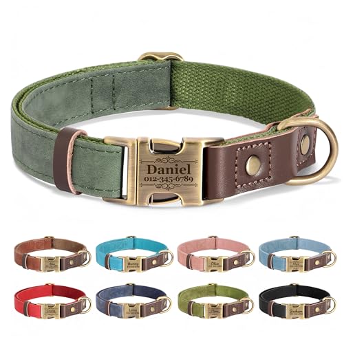 Personalized Dog Collars, Custom PU Leather Dog Collar with Name&Phone Number, Engraved Dog Collar for Small Dogs, Adjustable Durable Collar with Quick Release Metal Buckle, Green,S - color: Green, size: S: Neck 11-15", Width 0.6"