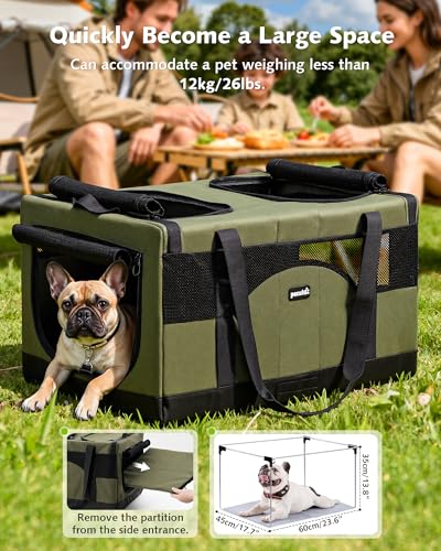 Pecute Dual Compartment Pet Carrier for Multi-Cat Families & Small Dog Owners, Collapsible Dog Crate with Reinforced Steel Frame, Car Safety Design for Travel, Vet Visits & Home Use, Green - color: Green