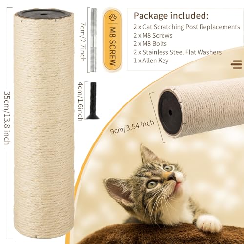 2 Root Cat Scratching Post Replacement 13.78x3.54 Cat Tree Scratch Post Replacement Natural Sisal Pole Cat Scratch Post Refill Pole Part with M8 Screws for Kitten Tree Tower Cat Furniture Accessories - color: 35cm/13.78in
