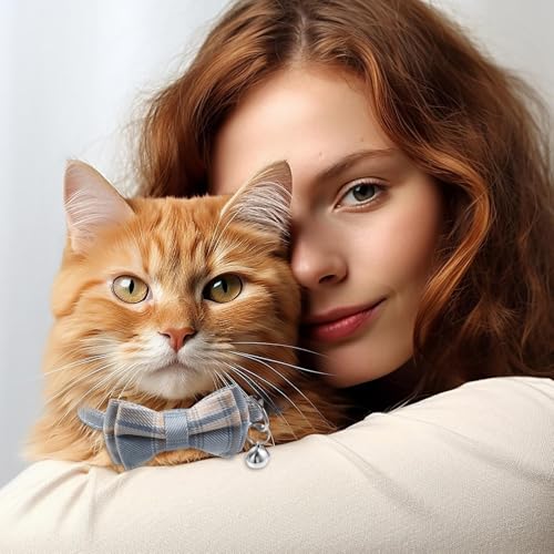 2 PCS Cat Collar Bow Tie, Plaid Bowtie Cat Collar, Breakaway Cute Cat Collar with Bells, Adjustable Bowtie Collars for Boy Kitten Puppy and Small Pets