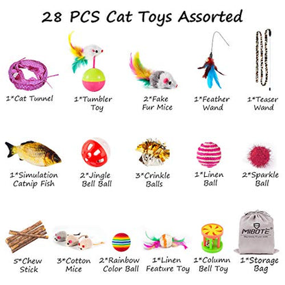 MIBOTE 28Pcs Cat Toys Kitten Toys Assorted, Cat Tunnel Catnip Fish Feather Teaser Wand Fish Fluffy Mouse Mice Balls and Bells Toys for Indoor Cat Puppy Kitty Interactive Cat Toy Set