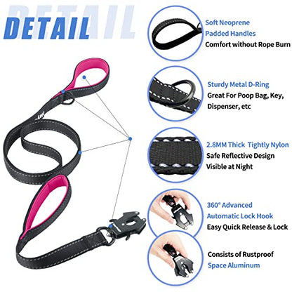 Strong Heavy Duty Dog Leash - 5ft Reflective Nylon Training Leash with Soft Padded Double Handle & Auto Lock Frog Clip - Safety Traffic Control for Large Medium Small Dogs No Pull Walk Black Pink,5ft - color: Black Pink, size: 5FT x 1" x 2.8MM