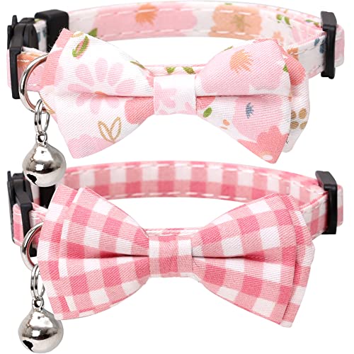2 Pack/Set Cat Collar Breakaway with Cute Bow Tie and Bell Plaid Flower for Kitty Adjustable Safety - color: Pink