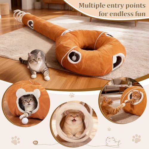 Ownpets 2-in-1 Cat Tunnel, Large Lollipop Shape Cat Tunnel Toy with Fluffy Balls, Spiral Toy, Plush Collapsible Cat Cave Hideout Donut Tunnel for Multi Kitten Puppy Rabbit (Orange) - color: Orange