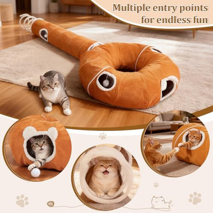 Ownpets 2-in-1 Cat Tunnel, Large Lollipop Shape Cat Tunnel Toy with Fluffy Balls, Spiral Toy, Plush Collapsible Cat Cave Hideout Donut Tunnel for Multi Kitten Puppy Rabbit (Orange) - color: Orange