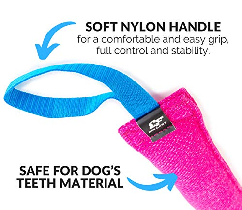 Bull Fit K9 Dog Bite Tug Toy with Strong Handle - Made of Durable & Tear-Resistant French Linen - Perfect for Tug of War, Fetch & Puppy Training - Ideal for Medium to Large Breeds - color: Pink Bite Tug with Blue Handle