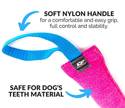 Bull Fit K9 Dog Bite Tug Toy with Strong Handle - Made of Durable & Tear-Resistant French Linen - Perfect for Tug of War, Fetch & Puppy Training - Ideal for Medium to Large Breeds - color: Pink Bite Tug with Blue Handle