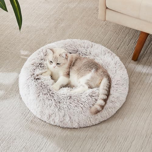 WESTERN HOME WH Calming Dog & Cat Bed, Anti-Anxiety Donut Cuddler Warming Cozy Soft Round Bed, Fluffy Faux Fur Plush Cushion Bed for Small Medium Dogs and Cats (20"/24"/27"/30") - color: White Khaki, size: 20.0"L x 20.0"W x 6.0"Th