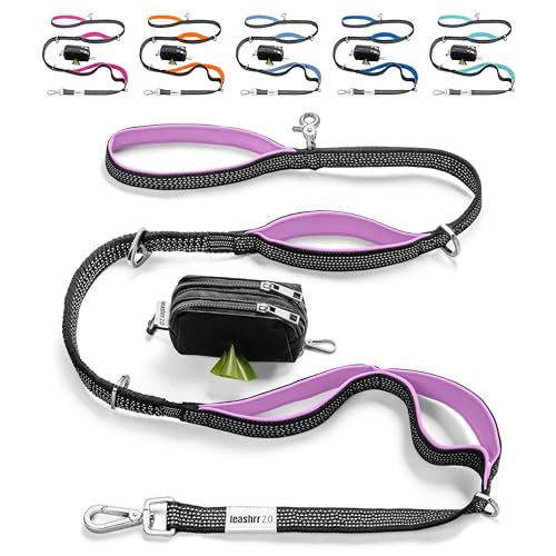 Heavy Duty Dog Leash for Large Dogs – 6FT Reflective Bungee with Padded Handles, Strong Carabiner Clip, No Pull Control for Medium & Large Breeds, Includes Poop Bag Holder & Treat Pouch (Purple) - color: Purple