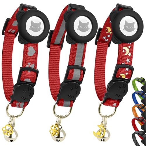 Cat Collar with AirTag Holders, 3-Pack, Reflective Breakaway Safety Collars, Bells and Matching Charms, Adjustable, Paw Hearts, Moon Stars Design, Lucky Charm, Red - color: Red