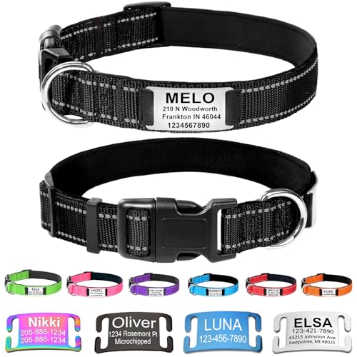 Custom Dog Collars with Name Plate, Engraved Name Plate ID Tags with Reflective Nylon Dog Collar,Soft Neoprene Padded Adjustable Pet Collar for Small Medium Large Dogs,S Black - color: Black, size: S(10-16") x 3/4"