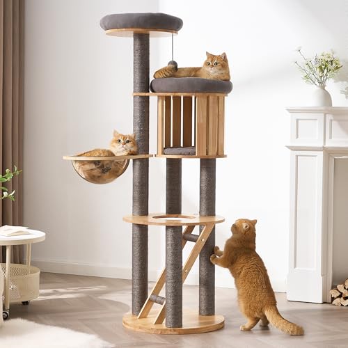 Modern Cat Tree Tower with Scratching Post, 61.5in Tall Cat Tree for Indoor Cats, Multi-Level Solid Wood Cat Furniture with Ladder, Cozy Cat Beds, Cat Condo, Capsule Nest, Dangling Toy, Gray - color: 61.5"Gray
