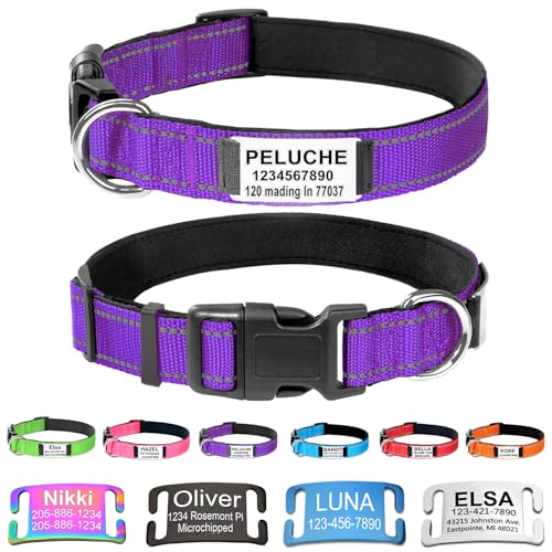 Custom Dog Collars with Name Plate, Engraved Name Plate ID Tags with Reflective Nylon Dog Collar,Soft Neoprene Padded Adjustable Pet Collar for Small Medium Large Dogs,XS Deep Purple - color: Deep Purple, size: XS(9-12") x 5/8"
