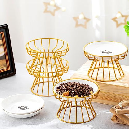 Roshtia 4 Sets Elevated Cat Bowls Ceramic Raised Cat Food Bowls with Metal Stand Dishwasher Safe Dishes Non Slip Elevated Food Plate(Gold,Paw) - color: Gold