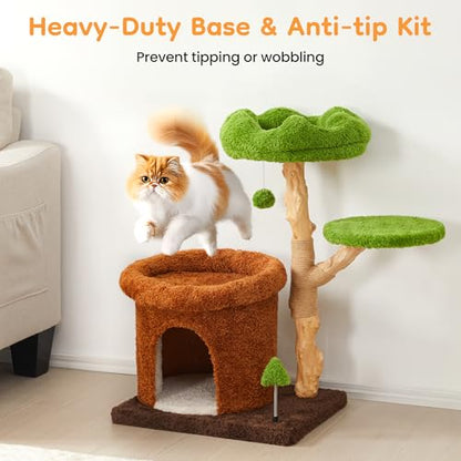 32-Inch Multi-Level Cat Tree Tower, Natural Wooden Cat Furniture with Sisal Scratching Posts, Beds & Condo, Cute Cat Tree for Indoor Cats, Multi-Cat Householdsolds - color: Green