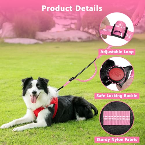 Hands Free Dog Leash with Zipper Pouch, Running Waist Leash for Dog Walking, Adjustable Waist Belt for Large Dogs, Reflective Bungee Design with Two Handle for Hiking, Training, Pink - color: Pink